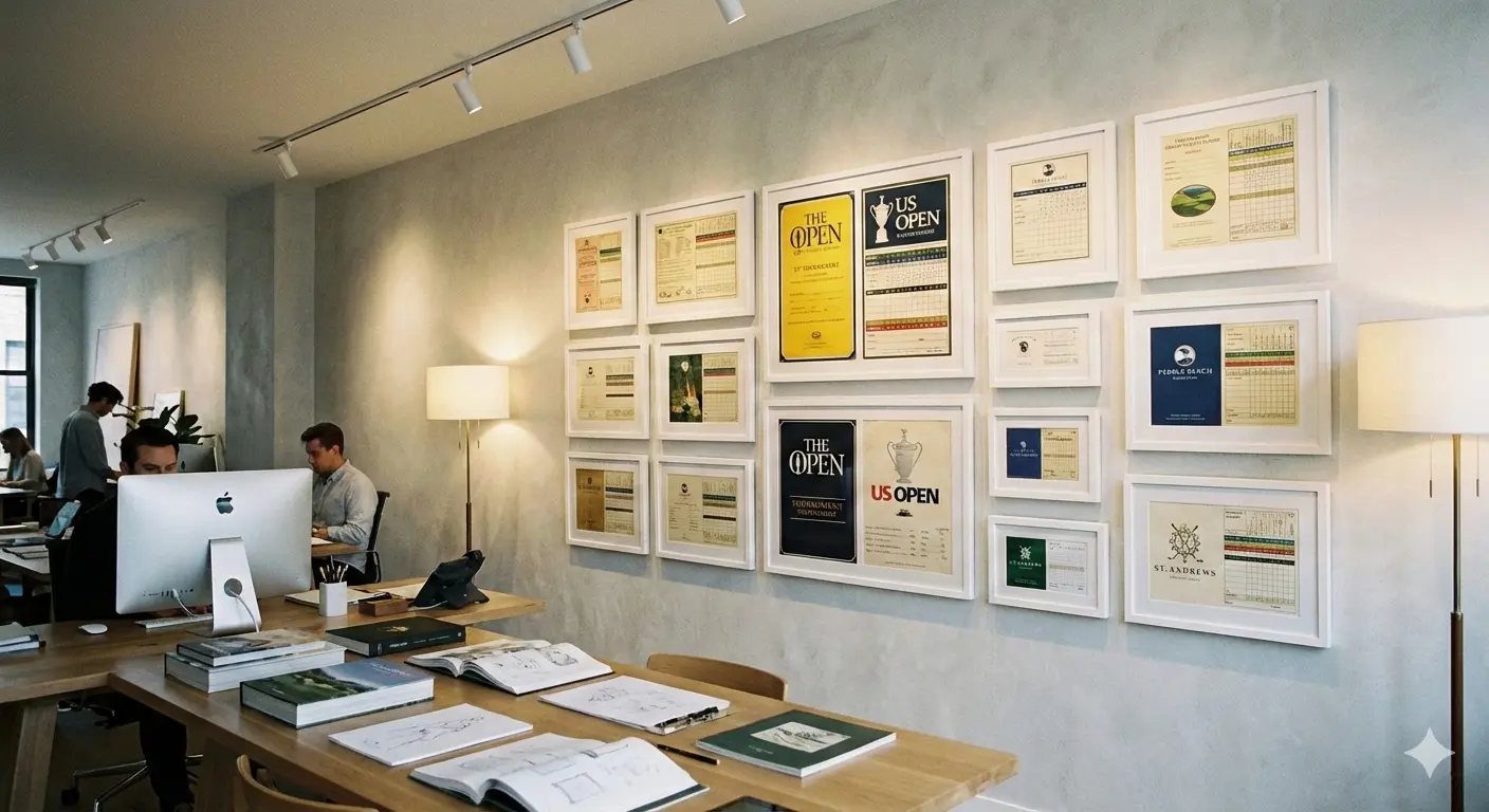 Gallery wall display of framed custom golf scorecards in a modern design studio
