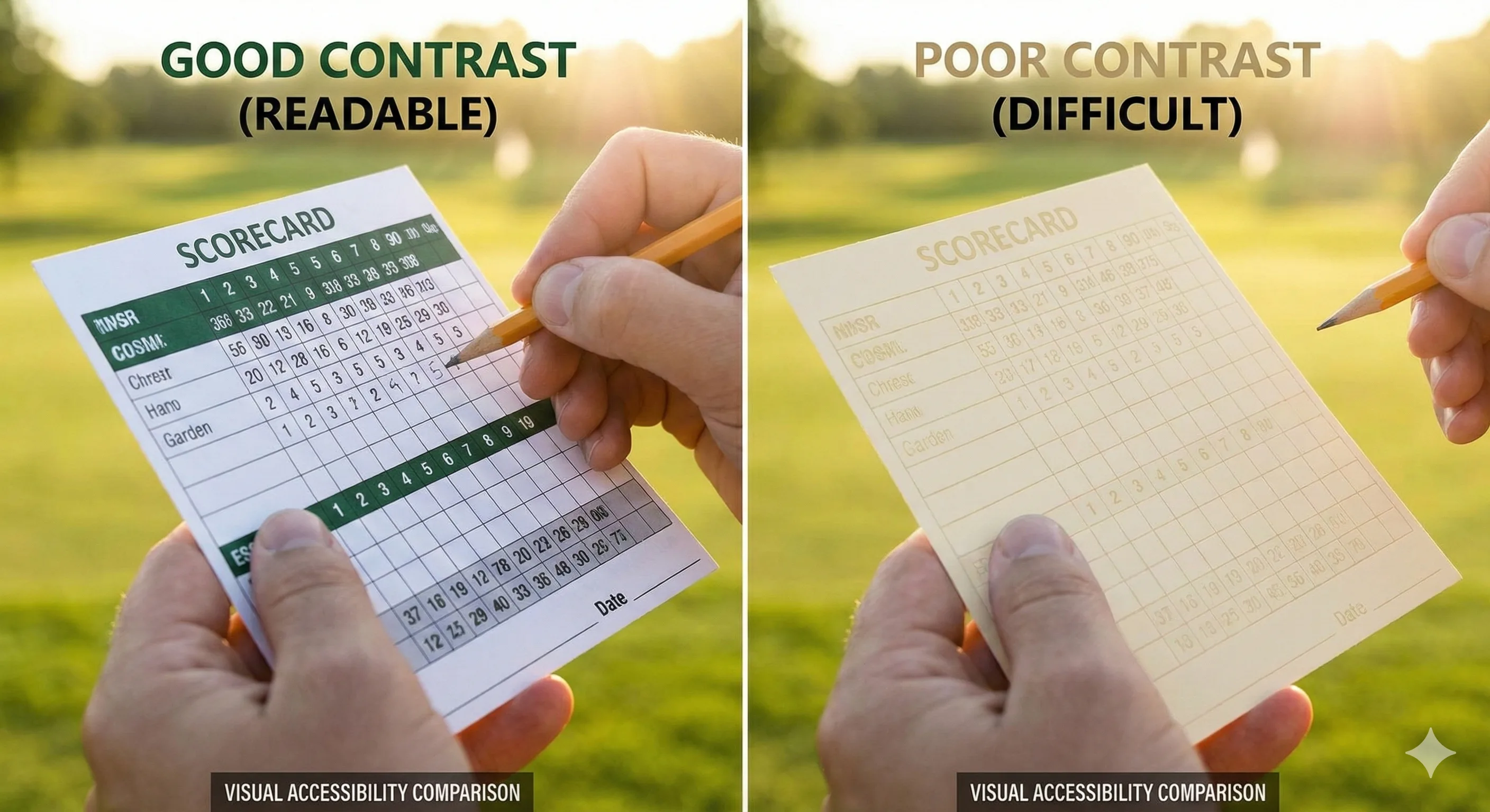 Split comparison showing golf scorecard with good contrast that is easily readable outdoors versus poor contrast that is difficult to read in bright sunlight