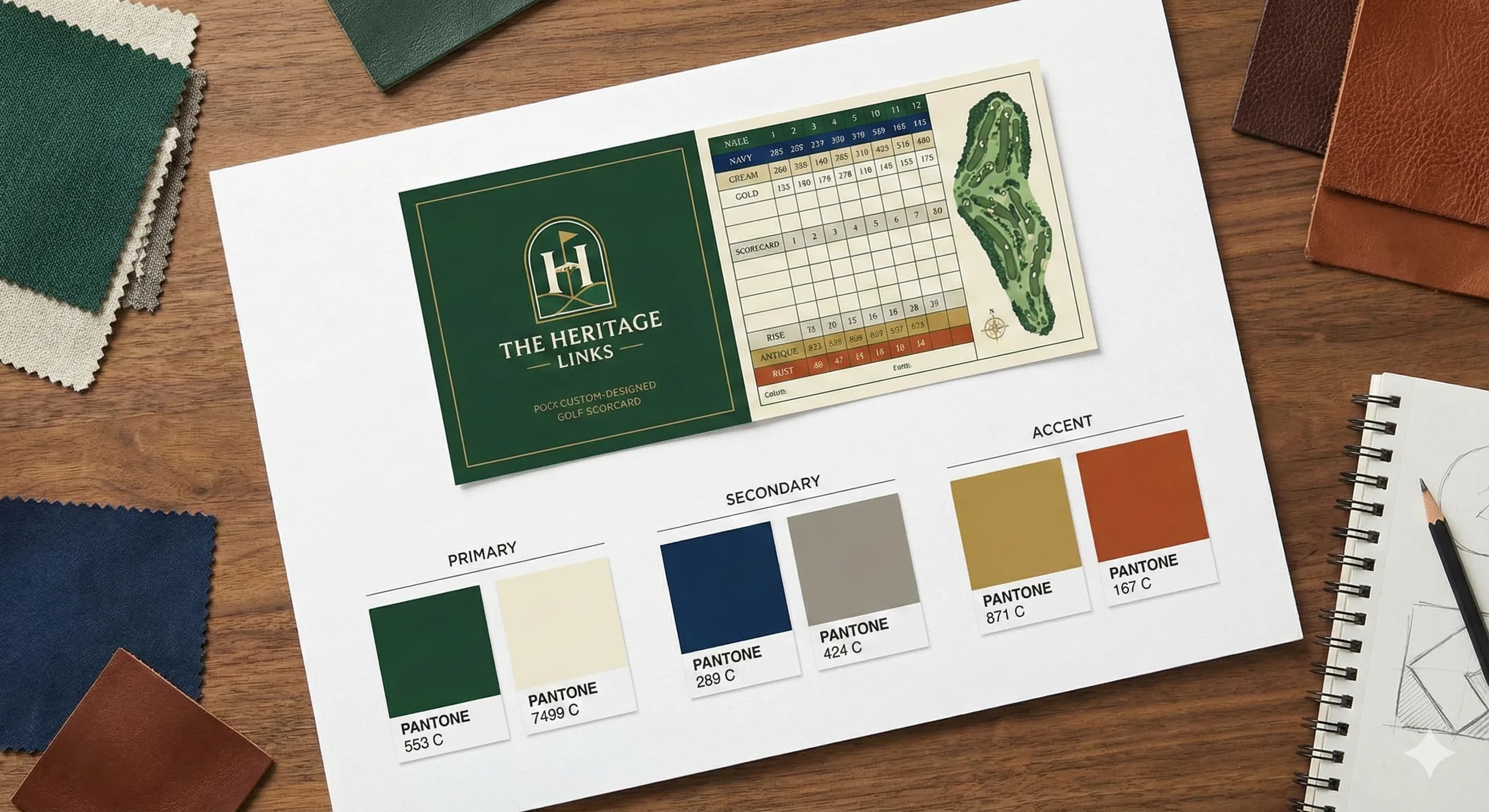 Sophisticated brand color palette presentation showing a golf scorecard sample with primary, secondary, and accent color swatches arranged in Pantone-style chips