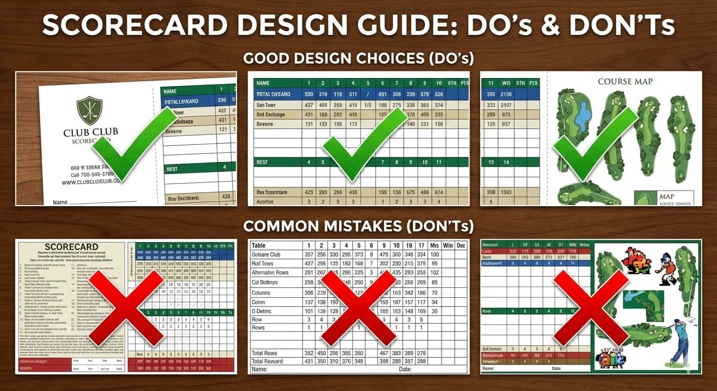 Visual guide showing six scorecard design examples - three marked with green checkmarks demonstrating good design choices and three with red X marks highlighting common mistakes to avoid