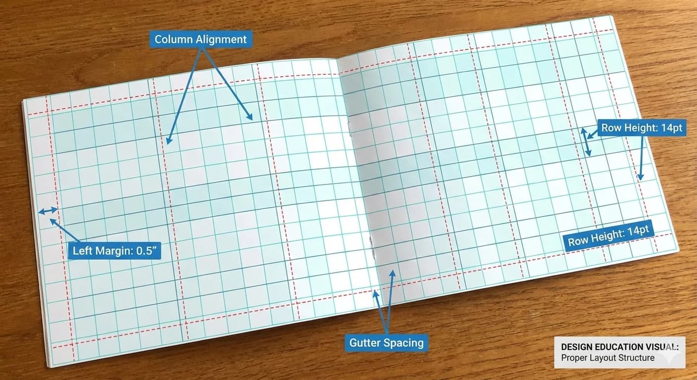 Golf scorecard with visible grid overlay demonstrating proper column alignment, margins, and spacing rules for optimal layout structure