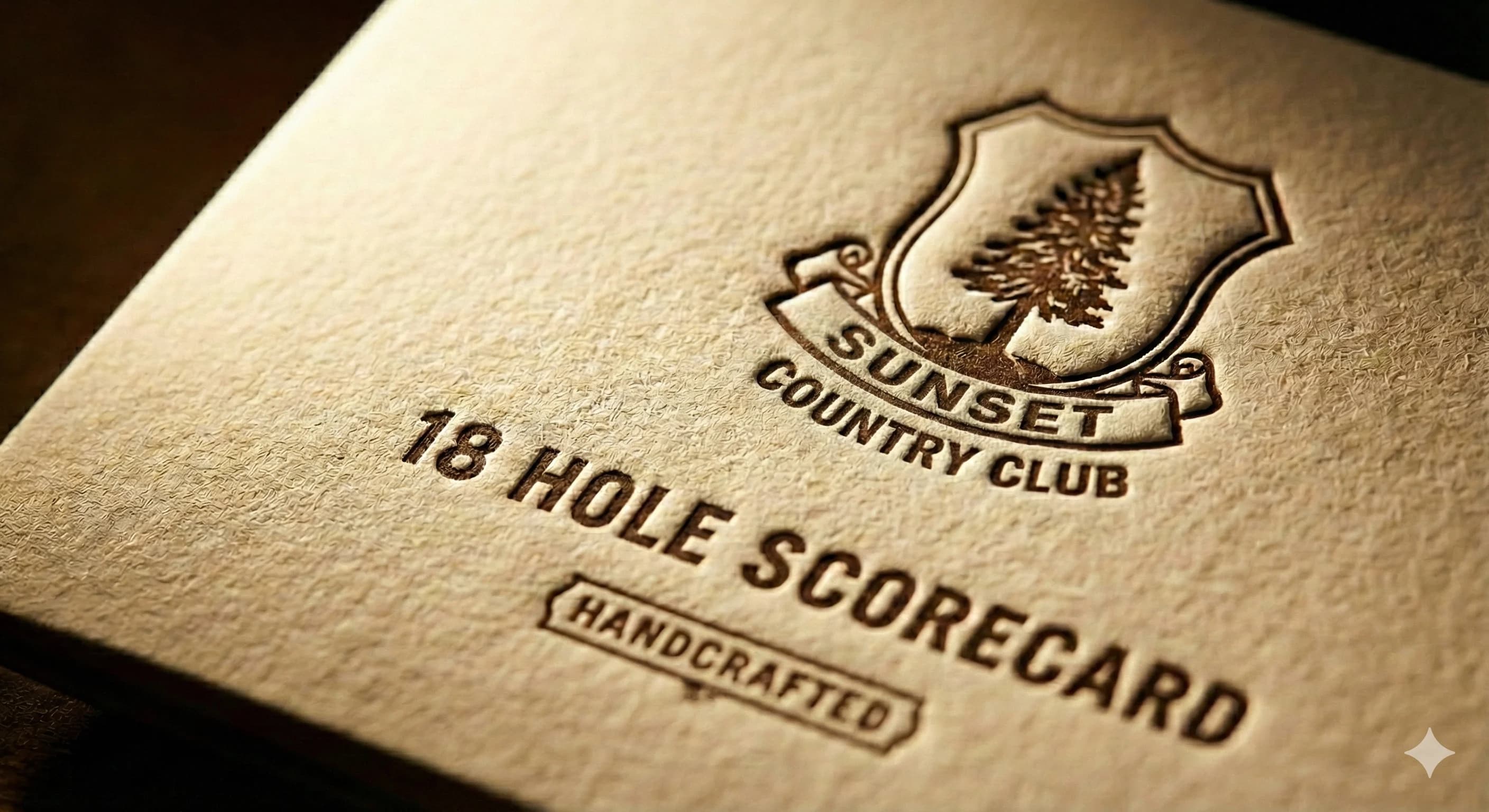 Close-up macro photography showing premium paper texture, embossed logo detail, and crisp typography on a golf scorecard