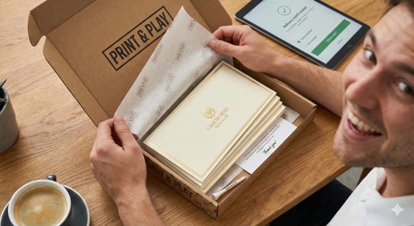 Exciting unboxing moment with hands opening package to reveal perfectly printed scorecards in premium packaging