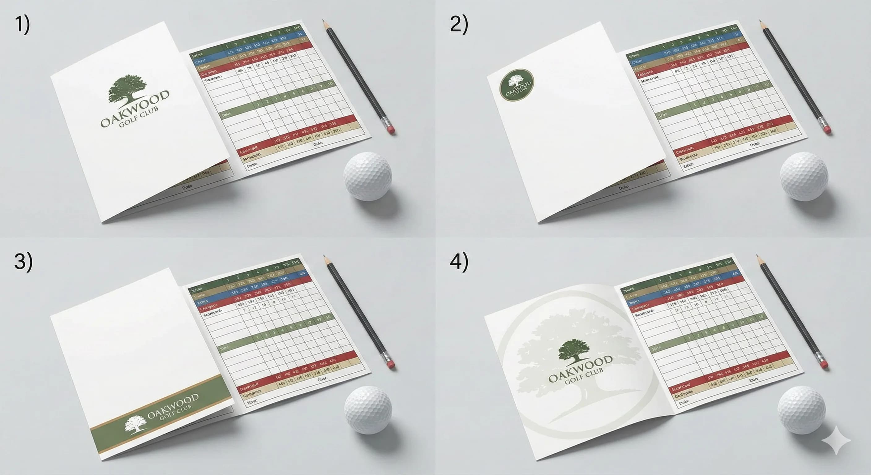 Four scorecard mockups showing different professional logo placement options - header centered, corner badge, footer strip, and watermark background