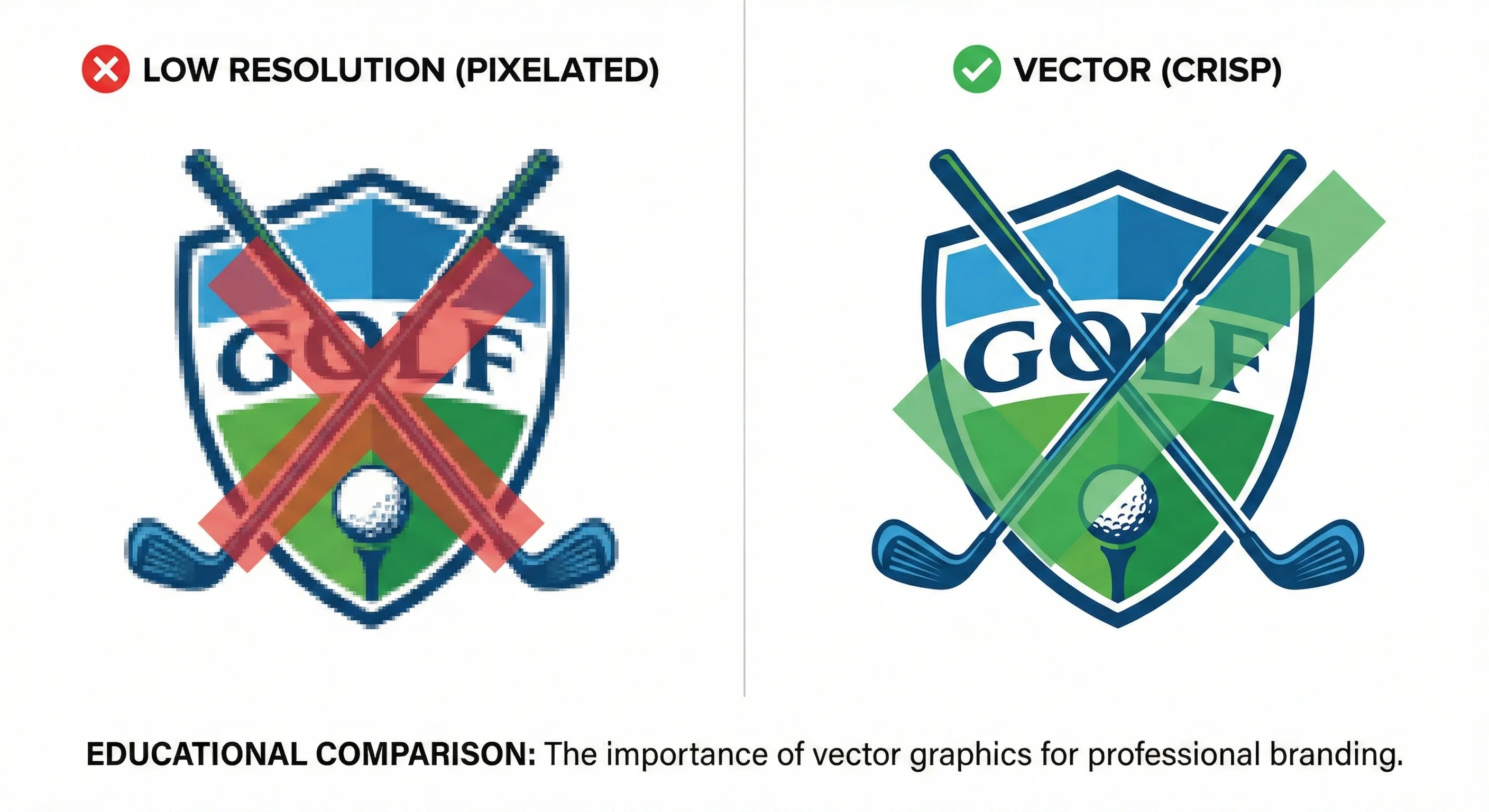 Split-screen comparison of same golf club logo - left side showing pixelated, low-resolution version with red X overlay, right side showing crisp vector version with green checkmark