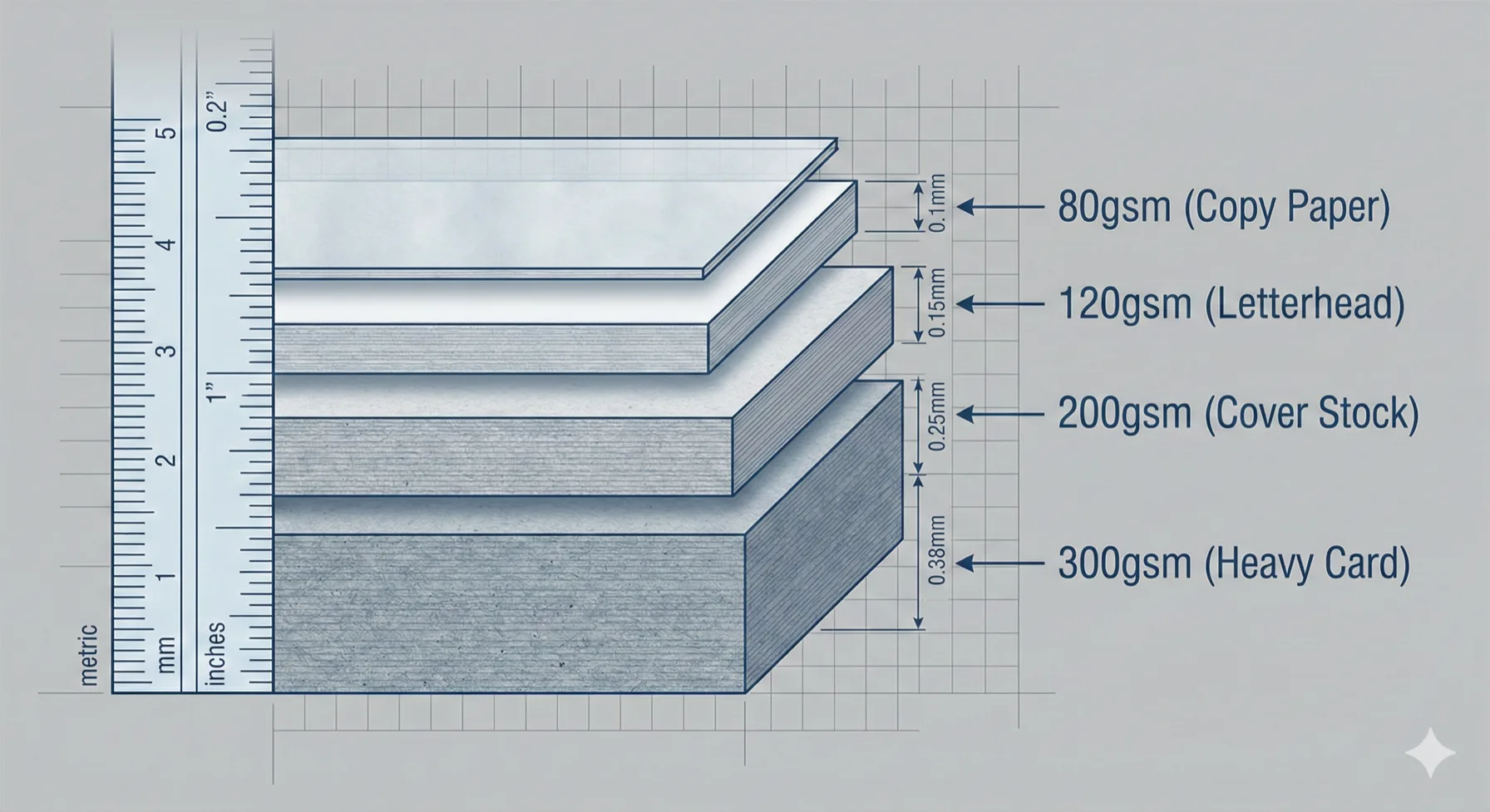 Cross-section view of stacked paper samples with labels showing gsm weights from 80gsm to 300gsm, with ruler reference showing clear visual difference in thickness