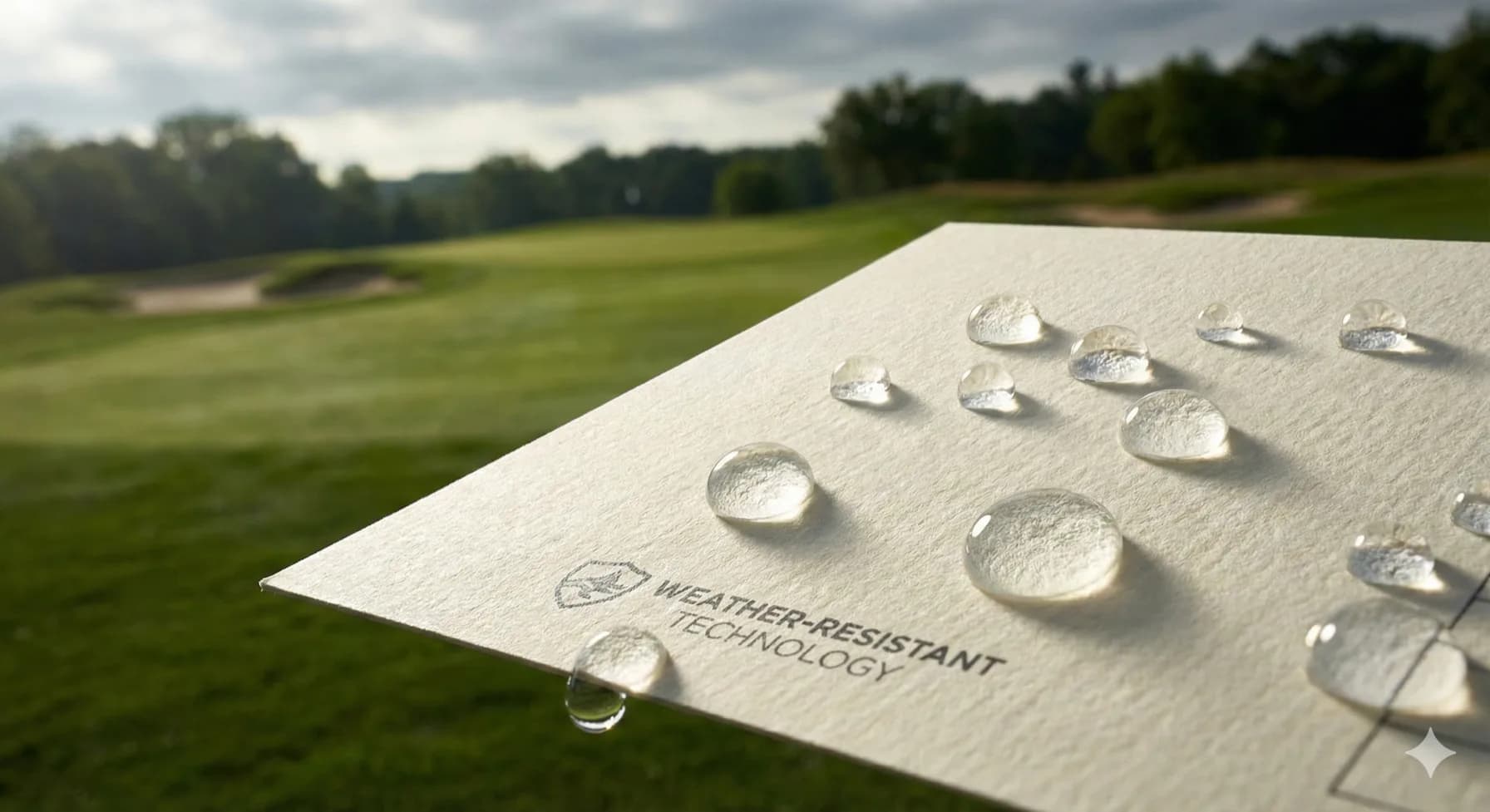 Dramatic demonstration of water droplets beading on weather-resistant scorecard paper with outdoor golf setting blurred in background