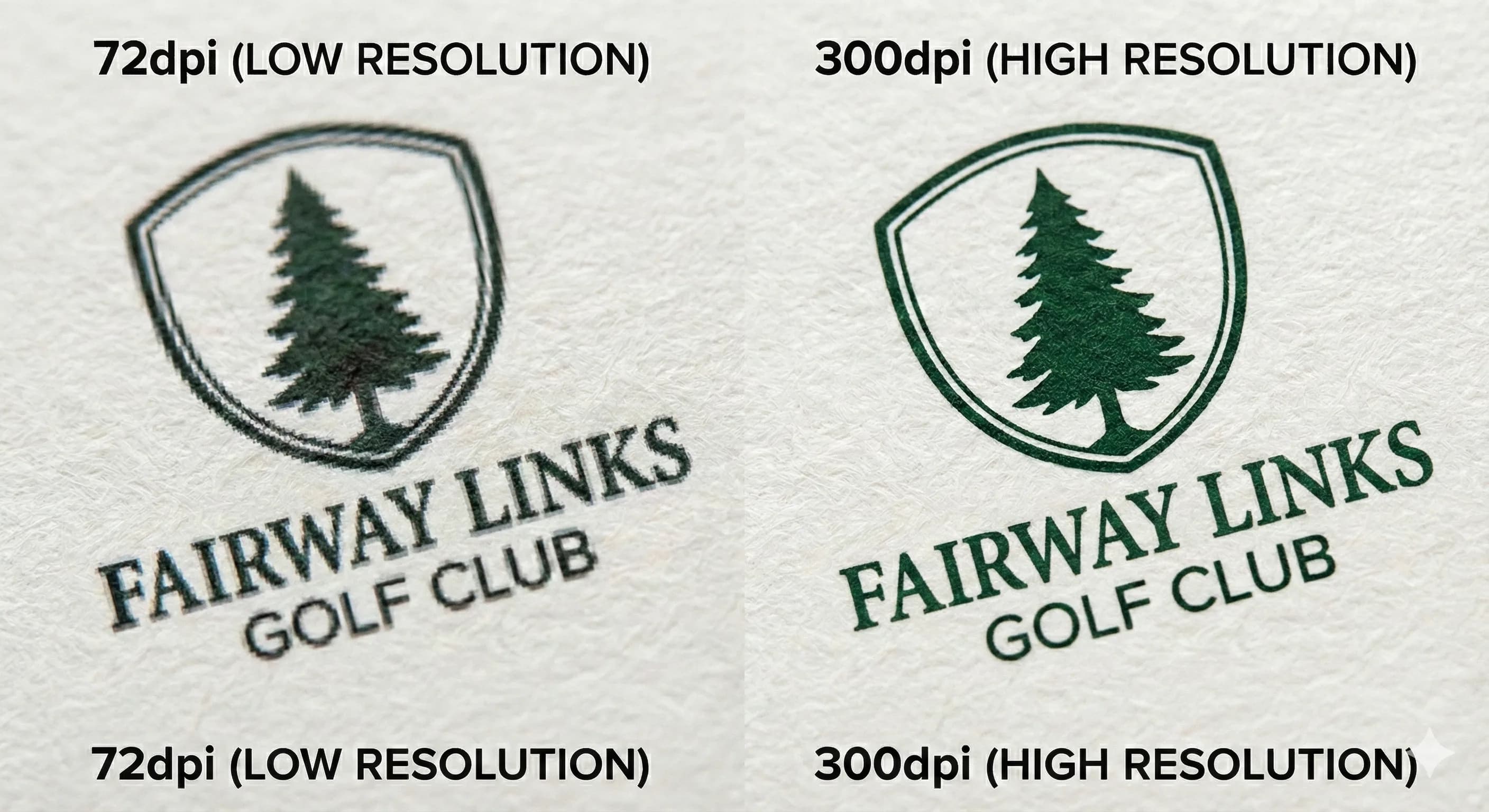 Extreme zoom comparison of golf course logo printed at 72dpi (pixelated, blurry) vs 300dpi (crisp, sharp) showing the quality difference on actual printed paper