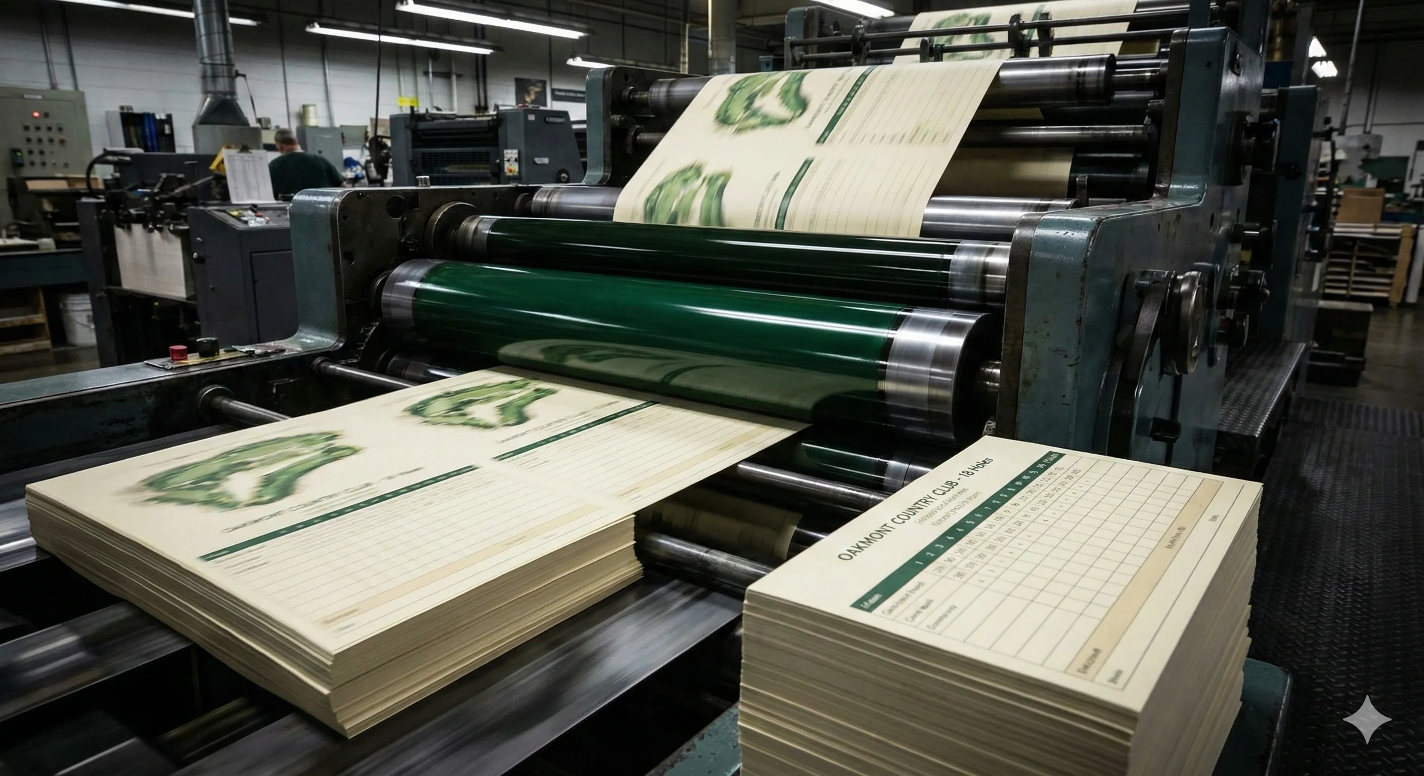 Professional printing press in action with golf scorecards being printed showing ink and paper detail