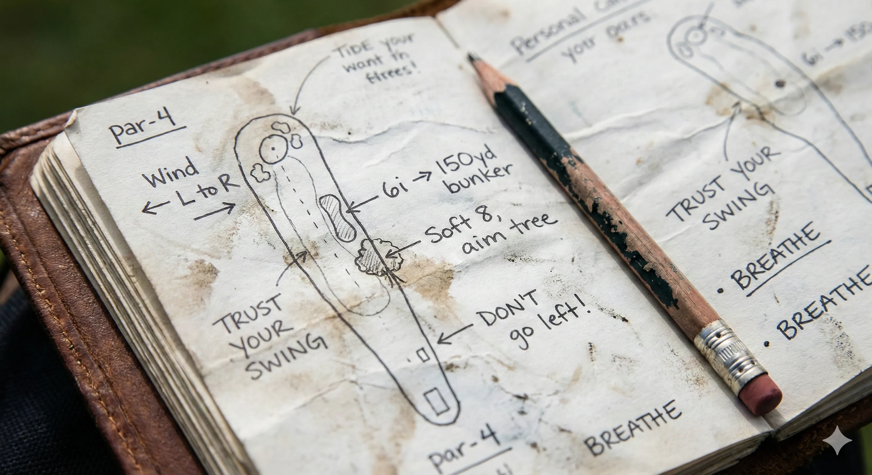 Close-up of yardage book pages with handwritten player notes showing wind directions, club selections, and personal reminders